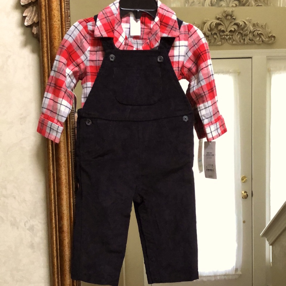 New boy’s overall set.  Size 12 months.  Black corduroys with a red plaid shirt.